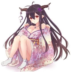 Rule 34 | 10s, 1girl, antenna hair, breasts, cleavage, danua, draph, female focus, floral print, granblue fantasy, hair between eyes, highres, horn ornament, horns, large breasts, long hair, looking at viewer, md5 mismatch, open mouth, pointy ears, purple hair, red eyes, resolution mismatch, ririnya00, sitting, sleeves past wrists, solo, source smaller, thighs, wide sleeves