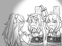 Rule 34 | 3girls, ahoge, bound, chain, chained, closed eyes, commentary, crying, eating, flying sweatdrops, food, food on face, greyscale, guin guin, hair flaps, hair ornament, hairclip, kantai collection, lock, long hair, monochrome, multiple girls, neckerchief, remodel (kantai collection), sailor collar, school uniform, serafuku, shigure (kancolle), tied up (nonsexual), wavy mouth, yamakaze (kancolle), yuudachi (kancolle)