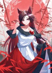 Rule 34 | 1girl, absurdres, animal ears, breasts, brooch, brown hair, cleavage, closed mouth, collarbone, dress, fingernails, highres, imaizumi kagerou, jewelry, long fingernails, long hair, long sleeves, looking at viewer, nail polish, red dress, red eyes, red nails, schnuz, sharp fingernails, smile, solo, touhou, white dress, wolf ears