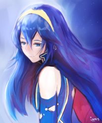 Rule 34 | 1girl, artist name, blue background, blue eyes, blue hair, blue shirt, cape, closed mouth, commentary, doodle, english commentary, fire emblem, fire emblem awakening, fire emblem heroes, from side, hair between eyes, ippers, long hair, lucina (fire emblem), nintendo, shirt, tiara, torn clothes