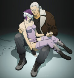 Rule 34 | 1boy, 1girl, batou (gits), breasts, cable, cleavage, cyberpunk, cyborg, gb (doubleleaf), ghost in the shell, ghost in the shell stand alone complex, head-mounted display, hetero, holding hands, jacket, kusanagi motoko, leotard, medium breasts, ponytail, purple hair, short hair, sitting, sitting on lap, sitting on person, thighhighs