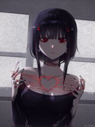 Rule 34 | 1girl, artist name, bare shoulders, black hair, black hairband, black nails, black shirt, blood, blood from mouth, blunt bangs, breasts, cat&#039;s cradle, cleavage, collarbone, commentary, commission, english commentary, hair ornament, hairband, heart, highres, indoors, likesac, long sleeves, looking at viewer, makeup, mascara, medium breasts, nail polish, off-shoulder shirt, off shoulder, original, parted lips, pink lips, red eyes, shirt, short hair, sidelocks, solo, upper body, window