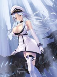 Rule 34 | 1girl, azur lane, boots, breasts, cleavage, collar, cross-laced footwear, dress, elbow gloves, floating hair, fur-trimmed dress, fur trim, gloves, hat, highres, large breasts, long hair, looking at viewer, metal collar, mole, mole on breast, multicolored hair, peaked cap, red hair, rigging, sleeveless, sleeveless dress, snow, solo, standing, streaked hair, syu.mu, tallinn (azur lane), thigh boots, thighhighs, two-tone hair, very long hair, white dress, white footwear, white gloves, white hair, white hat, wrist cuffs, zettai ryouiki