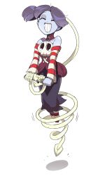 Rule 34 | absurdres, bare shoulders, bouncing, collarbone, crying, detached sleeves, closed eyes, highres, purple hair, short hair, side ponytail, simple background, skull, skullgirls, smile, squigly (skullgirls), striped, sweat, tears, teeth, toot, white background, yellow eyes, zombie