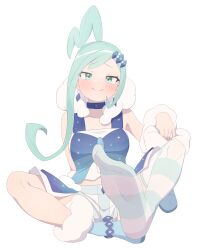 Rule 34 | 1girl, blue collar, blush, closed mouth, collar, commentary request, creatures (company), earrings, feet, from below, full body, game freak, green eyes, green hair, hair ornament, highres, jewelry, kumacy 0, lisia (pokemon), looking at viewer, nintendo, pokemon, pokemon oras, shorts, showgirl skirt, sidelocks, sitting, smile, soles, solo, striped clothes, striped thighhighs, thighhighs, vest, white shorts