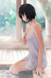Rule 34 | 1girl, amagami, arm at side, black eyes, black hair, blurry, blurry background, bob cut, breasts, cleavage, closed mouth, commentary request, cowboy shot, depth of field, from side, hand up, highres, indoors, looking down, naked towel, nanasaki ai, onsen, profile, revision, short hair, sitting, sliding doors, small breasts, smile, soaking feet, solo, towel, water, yoo tenchi