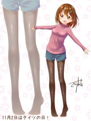 Rule 34 | 1girl, :d, artist name, black pantyhose, blush, brown eyes, brown hair, date pun, dated, gurande (g-size), hair ornament, hairclip, highres, pantyhose under shorts, long legs, no shoes, number pun, open mouth, original, outstretched arms, pantyhose, pantyhose under shorts, ribbed sweater, short hair, shorts, signature, smile, solo, spread arms, sweater, tights day, translated, turtleneck