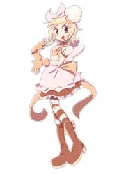 Rule 34 | 1girl, absurdres, artist name, black hair, boots, bow, dress, evilfrap, fang, full body, highres, holding, holding whisk, kagamine rin, open mouth, pantyhose, smile, solo, striped bow, striped clothes, striped pantyhose, tilted headwear, vocaloid, watermark, whisk, white dress