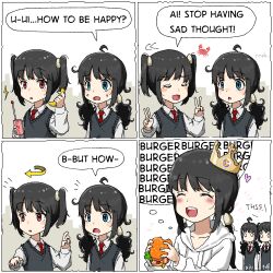 Rule 34 | 3girls, 4koma, ahoge, aiu404l, egg (aiu404l), artist name, artist self-insert, banana, bent v, black hair, black sweater vest, blue eyes, blush stickers, burger, burger king, closed eyes, collarbone, collared shirt, comic, crab, crown, crying, crying with eyes open, double v, egg, egg hair ornament, english text, facing another, food, food-themed hair ornament, fruit, hair ornament, happy, heart, highres, holding, holding food, holding walkie-talkie, hood, hood down, hoodie, jaggy lines, layered clothes, long hair, long sleeves, looking at another, low twintails, multiple girls, necktie, oekaki, open mouth, original, parted lips, red eyes, red necktie, school uniform, shirt, short twintails, sidelocks, speech bubble, sweater vest, tareme, tears, teeth, tilted headwear, twintails, upper teeth only, v, walkie-talkie, white hoodie, white shirt