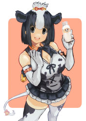 Rule 34 | 1girl, :d, animal ears, animal print, armband, bell, black eyes, black hair, bottle, bow, bowtie, breasts, center opening, cleavage, collared shirt, cow ears, cow girl, cow print, cow tail, elbow gloves, extra ears, feet out of frame, frilled skirt, frills, gloves, hair bow, hands up, hatch (hatch box), holding, holding bottle, holstein friesian cattle (kemono friends), kemono friends, large breasts, legs apart, looking at viewer, medium hair, microskirt, milk, milk bottle, multicolored hair, open mouth, print gloves, print shirt, print thighhighs, shirt, sidelocks, skirt, sleeveless, sleeveless shirt, smile, solo, standing, tail, tail bell, tail bow, tail ornament, thighhighs, two-tone hair, white hair, zettai ryouiki