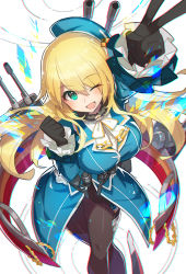 Rule 34 | 10s, 1girl, ;d, atago (kancolle), beret, black gloves, blonde hair, blush, breasts, frills, from above, gloves, green eyes, hair between eyes, hat, highres, kantai collection, large breasts, long hair, looking at viewer, military, military uniform, one eye closed, open mouth, pantyhose, saitou naoki, smile, solo, turret, uniform, v