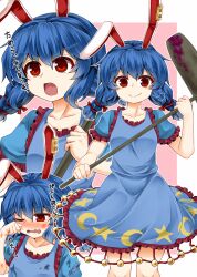 Rule 34 | 1girl, animal ears, blue dress, blue hair, border, bruise, bruise on face, crying, dress, hammer, holding, holding hammer, injury, multiple views, pink background, rabbit ears, rabbit girl, red eyes, seiran (touhou), short hair, smile, torn clothes, touhou, translation request, white border, zetsumame