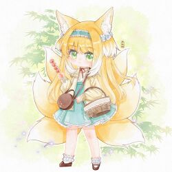 Rule 34 | animal ear fluff, animal ears, ankle socks, arknights, bag, bare legs, basket, blonde hair, blue hairband, blue skirt, blush, bobby socks, brown bag, brown footwear, cardigan, chibi, closed mouth, dango, food, fox ears, fox girl, fox tail, frilled hairband, frills, full body, green eyes, hair ornament, hair scrunchie, hairband, handbag, highres, holding, holding food, kitsune, kyuubi, long hair, long sleeves, looking at viewer, mary janes, mitarashi dango, multicolored hair, multiple tails, neck ribbon, official alternate costume, open cardigan, open clothes, puffy long sleeves, puffy sleeves, red ribbon, ribbon, scrunchie, shirt, shoes, shoulder bag, skirt, sleeve cuffs, socks, stitches, suzuran (arknights), suzuran (spring praise) (arknights), tail, two-tone hair, very long hair, wagashi, white hair, white shirt, white socks, yellow cardigan, yuewumian89195