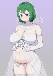 Rule 34 | 1girl, absurdres, blue eyes, blush, borrowed character, breasts, bridal lingerie, bridal veil, bride, cleavage, closed mouth, commission, corset, cowboy shot, elbow gloves, garter belt, garter straps, gloves, gradient background, green hair, grey background, hands on own stomach, highres, large breasts, lingerie, navel, original, panties, pregnant, purple background, short hair, smile, solo, spammayoss, thighhighs, underwear, veil, white gloves, white panties, white thighhighs
