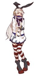 Rule 34 | 10s, 1girl, anchor, anchor symbol, bad id, bad twitter id, blonde hair, brown eyes, coat, earmuffs, hair ornament, hairband, hamada (super tachioyogi kyousou), hands in pockets, kantai collection, long hair, scarf, scarf over mouth, shimakaze (kancolle), simple background, skirt, socks, solo, striped clothes, striped scarf, striped socks, striped thighhighs, thighhighs, very long hair, white background, winter clothes, winter coat, zettai ryouiki