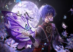 Rule 34 | 1boy, bishounen, blue butterfly, bug, butterfly, chromatic aberration, elicooc, full moon, genshin impact, hair between eyes, hand up, highres, insect, looking at viewer, male focus, moon, motion blur, night, purple butterfly, purple hair, scaramouche (genshin impact), solo, sparkle, watermark