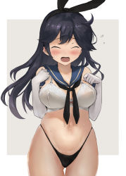 Rule 34 | 1girl, ahoge, animal ears, bare shoulders, black hair, black hairband, black neckerchief, black panties, blue sailor collar, blush, border, bow, bow bra, bra, breasts, cleavage, commission, cosplay, cowboy shot, crop top, d:, elbow gloves, embarrassed, closed eyes, facing viewer, fake animal ears, flying sweatdrops, gloves, gluteal fold, grey background, hairband, highleg, highleg panties, kantai collection, lace, lace-trimmed bra, lace trim, large breasts, long hair, looking down, navel, neckerchief, nervous, open mouth, outside border, panties, rabbit ears, raised eyebrows, sailor collar, shimakaze (kancolle), shimakaze (kancolle) (cosplay), simple background, skeb commission, solo, sweat, thigh gap, thighs, thong, toka (marchlizard), underwear, ushio (kancolle), wardrobe malfunction, white background, white bra, white gloves