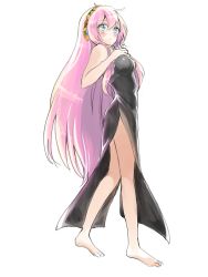 Rule 34 | 1girl, bare arms, barefoot, black dress, blue eyes, breasts, dress, female focus, hand on own chest, headphones, large breasts, long hair, looking at viewer, megurine luka, pink hair, rosette (roze-ko), side slit, sleeveless, sleeveless dress, solo, standing, very long hair, vocaloid
