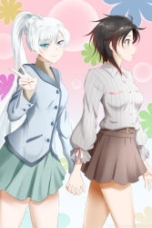 Rule 34 | 2girls, banned artist, beige skirt, black hair, blue eyes, blue jacket, breasts, buttons, closed mouth, commentary, english commentary, green skirt, grey eyes, grey shirt, hand up, highres, holding hands, jacket, kimmy77, long hair, looking ahead, looking at viewer, multicolored background, multicolored hair, multiple girls, pleated skirt, red hair, ruby rose, rwby, scar, scar across eye, scar on face, shirt, short hair, side ponytail, skirt, smile, streaked hair, sweater, swept bangs, turtleneck, turtleneck sweater, v, very long hair, walking, weiss schnee, white hair, yuri