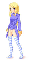 Rule 34 | 1girl, agrias oaks, blonde hair, blue eyes, bottomless, buresu, feet, final fantasy, final fantasy tactics, full body, pussy, solo, striped clothes, striped thighhighs, thighhighs, uncensored