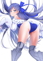 Rule 34 | 1girl, absurdres, armor, ass, bare shoulders, bent over, blue eyes, blue ribbon, blush, breasts, closed mouth, fate/grand order, fate (series), frilled one-piece swimsuit, frills, greaves, hair ribbon, highleg, highleg swimsuit, highres, long hair, long sleeves, looking at viewer, looking back, meltryllis, meltryllis (fate), meltryllis (swimsuit lancer) (fate), meltryllis (swimsuit lancer) (second ascension) (fate), mojomaru, off-shoulder one-piece swimsuit, off shoulder, one-piece swimsuit, prosthesis, prosthetic leg, puffy sleeves, purple hair, ribbon, sleeves past fingers, sleeves past wrists, small breasts, smile, swimsuit, thighs, very long hair, white ribbon