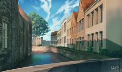 Rule 34 | absurdres, bad id, bad pixiv id, blue sky, building, commentary request, day, grass, hakuurei amano, highres, house, no humans, original, outdoors, river, scenery, shadow, sky, tree, water, watermark