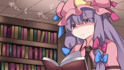 Rule 34 | 1girl, book, bookshelf, brown neckerchief, collared dress, crescent, dress, hammer (sunset beach), hat, long hair, mob cap, neckerchief, patchouli knowledge, purple eyes, purple hair, reading, ribbon, shaded face, solo, touhou, translated
