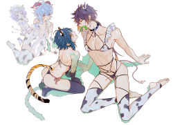 Rule 34 | 2boys, 2girls, alternate costume, animal ears, animal print, bad id, bad twitter id, bell, bikini, black collar, black hair, blue hair, blush, breasts, brown hair, closed eyes, collar, covered erect nipples, cow boy, cow ears, cow girl, cow print, cow tail, crossdressing, earrings, elbow gloves, frills, ganyu (genshin impact), genshin impact, gloves, grass, hat, heart, highres, horns, hwan (mob hwan), jewelry, korean commentary, large breasts, long hair, mouth hold, multiple boys, multiple girls, neck bell, o-ring, ofuda, open mouth, purple hair, qiqi (genshin impact), simple background, single earring, sitting, stalk in mouth, sweat, swimsuit, tail, tail wagging, tassel, tassel earrings, thighhighs, tiger boy, tiger ears, tiger tail, white background, xiao (genshin impact), yaoi, zhongli (genshin impact)
