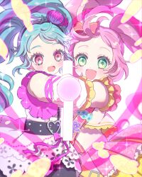 Rule 34 | 1girl, 2girls, :d, absurdres, ahoge, belt, black belt, black hairband, blue hair, bow, commentary request, dress, flower, foreshortening, glowing, green eyes, hair bow, hair flower, hair ornament, hairband, heart, highres, holding, holding microphone, idol, idol land pripara, katasumi amari, long hair, looking at viewer, manaka laala, microphone, momokan (mmkn100), multiple girls, open mouth, outstretched arm, pink bow, pink eyes, pretty series, pripara, purple flower, sash, shoulder sash, smile, sparkle, standing, twintails, very long hair, white background, white dress
