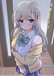 Rule 34 | 1girl, blue skirt, blush, bow, breasts, cardigan, closed mouth, commentary request, crying, earrings, green bow, grey hair, highres, hisakawa hayate, idolmaster, idolmaster cinderella girls, jewelry, kaishinshi, large breasts, long hair, long sleeves, looking at viewer, pleated skirt, see-through, shirt, skirt, solo, wet, wet clothes, wet shirt, wet skirt