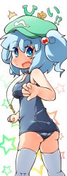 Rule 34 | 1girl, ^^^, ass, bare shoulders, blue eyes, blue hair, blush, breasts, clenched hand, collarbone, from behind, hair bobbles, hair ornament, hat, jewelry, jinnouchi akira, kawashiro nitori, key, key necklace, looking back, matching hair/eyes, medium breasts, necklace, one-piece swimsuit, open mouth, school swimsuit, short hair, short twintails, sitting, solo, star (symbol), surprised, sweatdrop, swimsuit, thighhighs, touhou, twintails, two side up, white thighhighs
