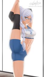 Rule 34 | 1girl, armpits, artist name, ass, blue eyes, braid, braided ponytail, breasts, cslucaris, elbow pads, flexible, glasses, knee pads, legs, long hair, looking to the side, medium breasts, parted lips, ponytail, rwby, shorts, solo, split, standing, standing on one leg, standing split, stomach, stretching, sweat, thighs, weiss schnee, white hair