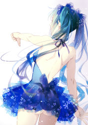 Rule 34 | 1girl, absurdres, aqua hair, ass, back, backless dress, backless outfit, bad id, bad pixiv id, dress, from behind, hatsune miku, highres, kazari tayu, long hair, no panties, see-through, simple background, solo, thumbs down, twintails, very long hair, vocaloid, white background