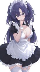 Rule 34 | 1girl, absurdres, apron, black dress, blue archive, blush, breasts, cleavage, closed mouth, cowboy shot, dress, frilled apron, frills, halo, highres, large breasts, long hair, looking at viewer, mechanical halo, purple eyes, purple hair, simple background, solo, thighhighs, two side up, white apron, white background, white thighhighs, yuuka (blue archive), zeatto