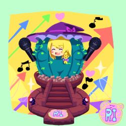 Rule 34 | 1boy, absurdres, arrow (symbol), black hat, blonde hair, blush, bow, braid, cactus, cactus costume, character name, closed eyes, commentary request, cookie (touhou), dual wielding, fang, full body, genderswap, genderswap (ftm), hair bow, happy, hat, hat bow, highres, holding, holding microphone, kirisame marisa, long hair, male focus, microphone, musical note, open mouth, plant, potted plant, psychic parrot, purple bow, rei (cookie), side braid, single braid, solo, stage lights, stairs, touhou, trap, witch hat