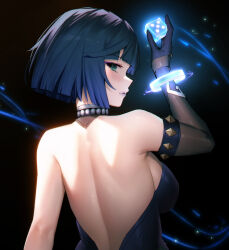 Rule 34 | 1girl, 95---, backless dress, backless outfit, bare back, bare shoulders, black gloves, black hair, blue hair, blunt ends, bob cut, bracelet, choker, commentary request, dark background, dice, dress, elbow gloves, genshin impact, gloves, gradient hair, green eyes, highres, holding dice, jewelry, looking at viewer, looking back, multicolored hair, purple lips, short hair, single elbow glove, solo, upper body, yelan (genshin impact)