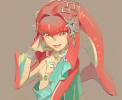Rule 34 | 1girl, blush, colored skin, fins, fish girl, hair ornament, jewelry, kawano tatsurou, long hair, looking at viewer, mipha, monster girl, multicolored skin, nintendo, no eyebrows, red hair, red skin, simple background, smile, solo, the legend of zelda, the legend of zelda: breath of the wild, yellow eyes, zora