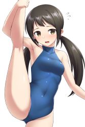 Rule 34 | 1girl, armpits, black hair, blue leotard, breasts, brown eyes, commentary request, covered navel, cowboy shot, flying sweatdrops, idolmaster, idolmaster cinderella girls, kneepits, leotard, long hair, looking at viewer, low twintails, nakano yuka, open mouth, pataneet, simple background, sleeveless, small breasts, solo, split, standing, standing on one leg, standing split, turtleneck, twintails, white background