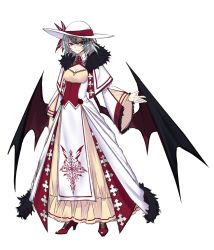 Rule 34 | 1girl, aged up, alternate costume, arm at side, bat wings, breasts, capelet, cleavage, closed mouth, dress, earrings, full body, fur trim, grey hair, hair between eyes, hand up, hat, hat ribbon, high heels, highres, jewelry, layered clothes, layered dress, long sleeves, looking at viewer, open hand, outline, pelvic curtain, pink lips, pointy ears, print dress, red eyes, red footwear, remilia scarlet, ribbon, short hair, shukusuri, smile, sun hat, touhou, veil, white background, white dress, white hat, wide sleeves, wings, yellow dress