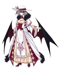 1girl aged_up alternate_costume arm_at_side bat_wings breasts capelet cleavage closed_mouth dress earrings full_body fur_trim grey_hair hair_between_eyes hand_up hat hat_ribbon high_heels highres jewelry layered_clothes layered_dress long_sleeves looking_at_viewer open_hand outline pelvic_curtain pink_lips pointy_ears print_dress red_eyes red_footwear remilia_scarlet ribbon short_hair shukusuri smile sun_hat touhou veil white_background white_dress white_hat wide_sleeves wings yellow_dress