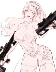 Rule 34 | animal ears, bare shoulders, breasts, bridal veil, cleavage, collarbone, destiny child, dual wielding, garter straps, gun, hair ornament, heart, heart-shaped pupils, highres, hildr (destiny child), holding, large breasts, lingerie, long hair, looking at viewer, mole, mole on breast, monochrome, navel, rifle, sniper rifle, symbol-shaped pupils, thighhighs, underwear, veil, weapon, yonaka