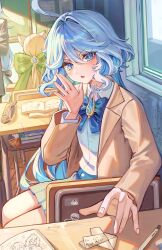 Rule 34 | 1boy, 2girls, absurdres, ahoge, black skirt, blue bow, blue bowtie, blue brooch, blue eyes, blue hair, book, book stack, bow, bowtie, brown jacket, chair, chalkboard, commentary request, dasha, fang, fingernails, furina (genshin impact), genshin impact, hair between eyes, highres, indoors, jacket, long hair, looking at viewer, lynette (genshin impact), multicolored hair, multiple girls, neuvillette (genshin impact), on chair, open mouth, paper, pen, revision, school uniform, shadow, shirt, sidelocks, sitting, skirt, solo focus, streaked hair, table, two-tone hair, white shirt, window