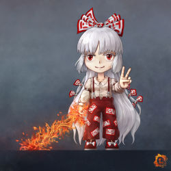 Rule 34 | 1girl, bow, chibi, colored eyelashes, eyelashes, fire, fujiwara no mokou, full body, grey hair, hair bow, hair ornament, hime cut, large bow, light smile, limfoman, long hair, looking at viewer, red eyes, smile, solo, standing, sword, touhou, v, very long hair, weapon