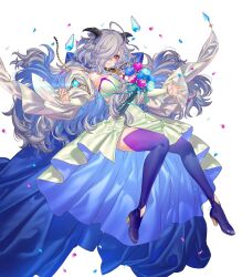 Rule 34 | 1girl, ahoge, bare shoulders, blue hair, boots, breasts, collar, dress, eitr (fire emblem), fire emblem, fire emblem heroes, floating, floating object, flower, full body, gradient clothes, hair over one eye, high heel boots, high heels, highres, horns, kippu, long hair, long sleeves, medium breasts, multicolored hair, nintendo, non-web source, official art, pelvic curtain, petals, purple hair, red eyes, solo, thigh boots, thighs, transparent background