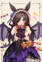 Rule 34 | 1girl, animal ears, bat wings, black gloves, blush, brown hair, buttons, dated, gloves, hair over one eye, halloween, halloween costume, highres, horse ears, horse girl, long hair, looking at viewer, official alternate costume, parted lips, puffy short sleeves, puffy sleeves, purple eyes, qs11, rice shower (make up vampire!) (umamusume), rice shower (umamusume), shirt, short sleeves, signature, solo, umamusume, upper body, white shirt, wings