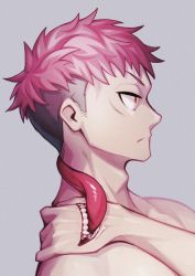 Rule 34 | 1boy, adam&#039;s apple, closed mouth, completely nude, fangs, film grain, grey background, half-closed eyes, hand mouth, hand on own shoulder, highres, itadori yuuji, jujutsu kaisen, licking, licking another&#039;s neck, long tongue, male focus, nude, open mouth, orange eyes, pink hair, profile, simple background, solo, teeth, tewo (tewowet), tongue, upper body