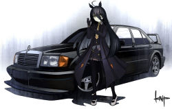 Rule 34 | 1girl, absurdres, ahoge, animal ears, artist name, belly chain, black coat, black gloves, black hair, black pantyhose, black shirt, black skirt, blouse, car, closed mouth, clothes lift, coat, collared shirt, commentary, dress, dress lift, dress shirt, frown, gloves, grey footwear, hair between eyes, highres, horse ears, horse girl, horse tail, jewelry, kano (nakanotakahiro1029), logo, long bangs, long coat, long hair, long sleeves, looking at viewer, manhattan cafe (umamusume), mary janes, mercedes-benz 190e 2.5-16 evolution ii, miniskirt, motor vehicle, necktie, open clothes, open coat, pantyhose, pleated skirt, shadow, shirt, shoes, signature, skirt, solo, standing, tail, umamusume, vehicle focus, yellow eyes, yellow necktie