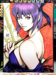 Rule 34 | 1girl, art tools in frame, ayane (doa), back, bamboo, bamboo forest, bare shoulders, breasts, dead or alive, dress, forest, from side, headband, highres, holding, holding umbrella, large breasts, marker (medium), nature, ninja, parasol, pink lips, purple dress, purple hair, red eyes, short hair, sideboob, stanley lau, traditional media, umbrella