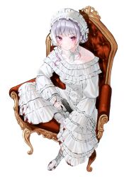 Rule 34 | 1girl, absurdres, armchair, blood, blood on clothes, blood on face, bonnet, chair, choker, closed mouth, cross-laced footwear, dress, expressionless, frilled dress, frilled hairband, frills, full body, grey hair, gun, hairband, handgun, highres, higuchi kaede, higuchi kaede (14th costume), holding, holding gun, holding weapon, ia 1928, lolita fashion, lolita hairband, long sleeves, looking at viewer, multicolored hair, nijisanji, non-web source, off-shoulder dress, off shoulder, on chair, pink hair, purple eyes, shoes, simple background, sitting, solo, weapon, white background, white choker, white dress, white footwear, white hairband