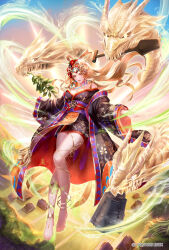 Rule 34 | 1girl, bare shoulders, barefoot, blonde hair, breasts, byunei, cleavage, closed mouth, demon girl, dragon, flying, full body, hair rings, highres, japanese clothes, jewelry, kimono, long hair, looking at viewer, medium breasts, monster, necklace, nemusuke, off shoulder, official art, outdoors, pointy ears, romancing saga 3, saga, short kimono, solo, square enix, tree
